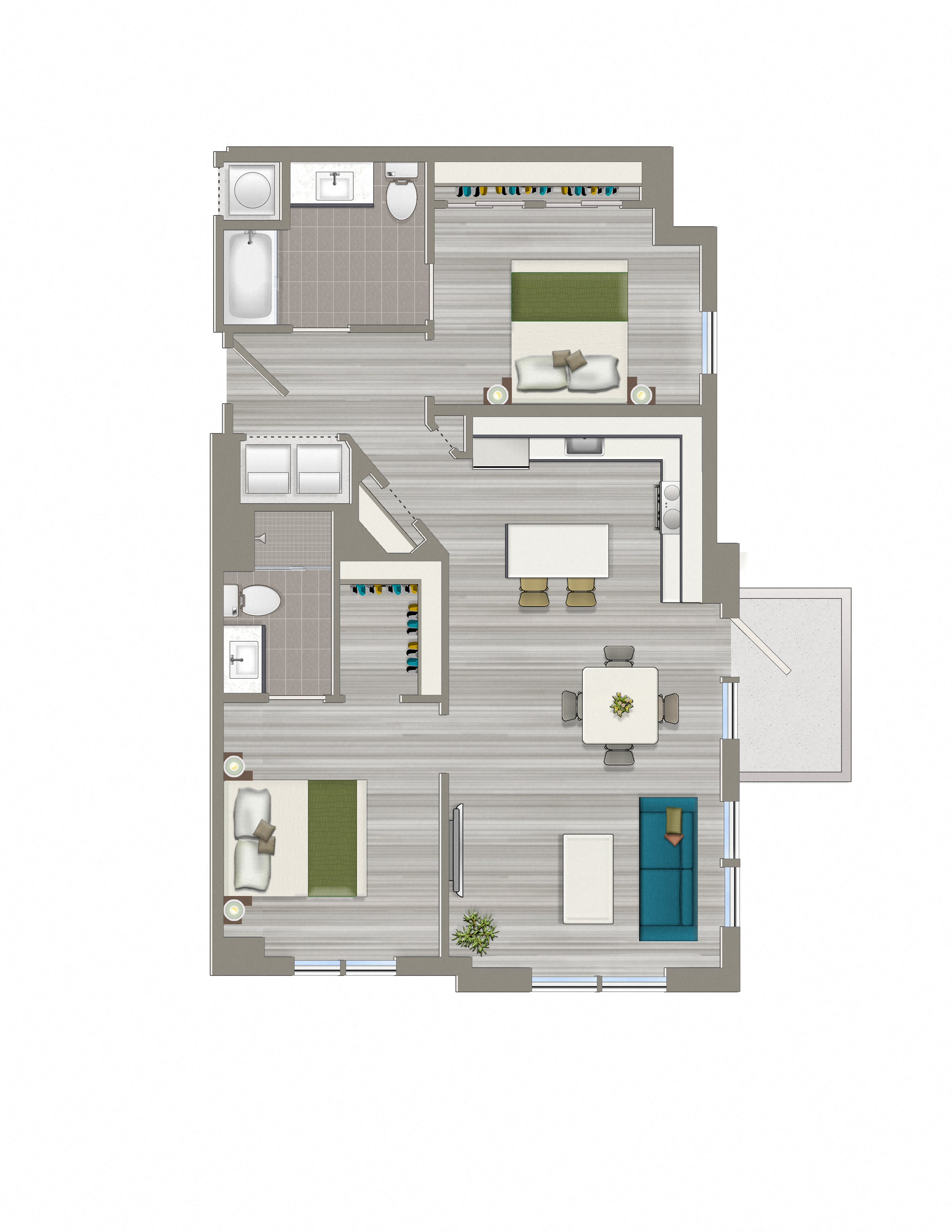 Floor plan for 2 beds, 2 baths, 993 sqft